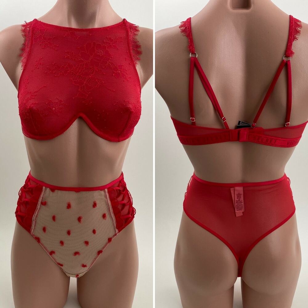 Victoria's Secret Underwire Bralette Bra 32C Thong XS Red Set NWT